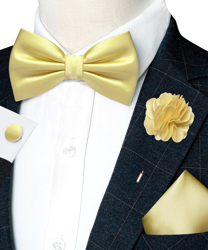 RBOCOTT Solid Color Bow Tie and Pocket Square with Lapel Pin Cufflinks Set 4PCS - Image 2